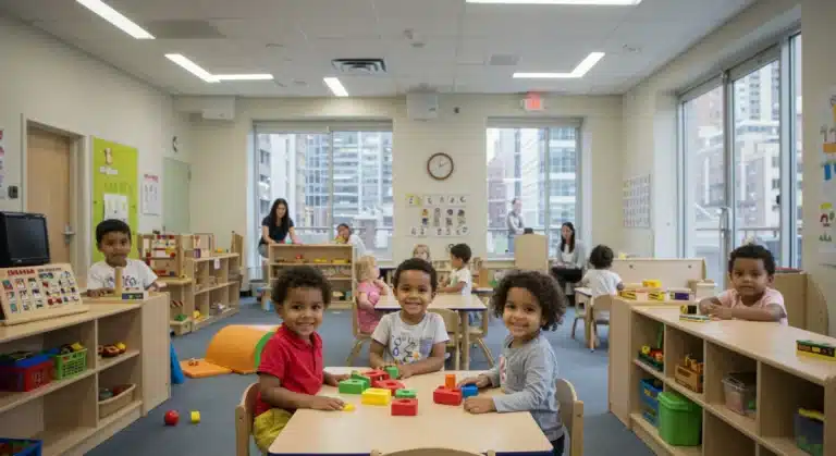 Children playing in modern US childcare facility