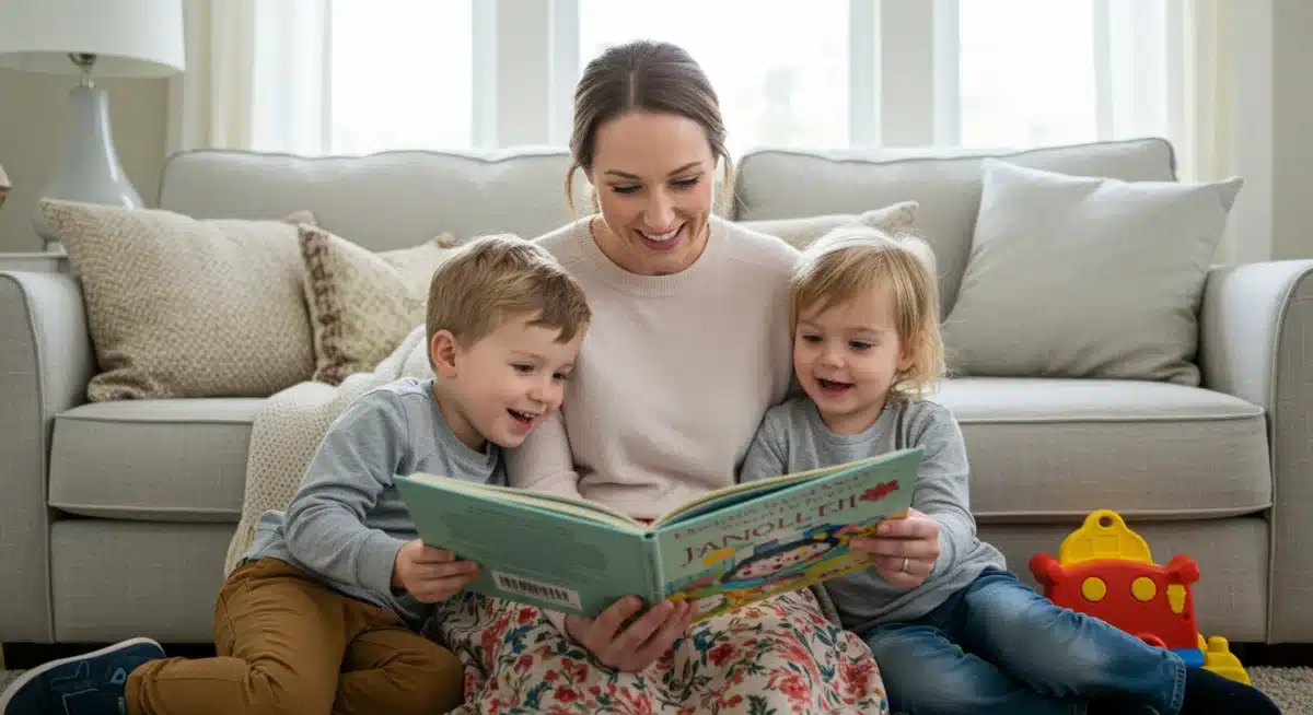 Nanny reading to children in a home setting, illustrating personalized care.