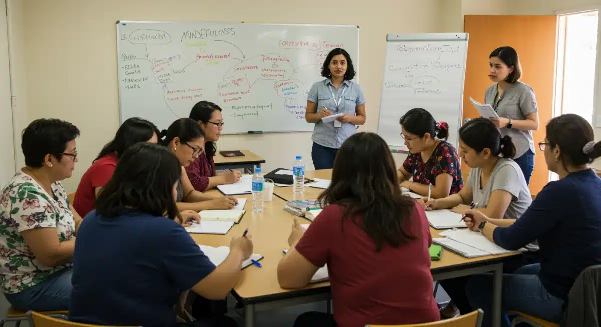 Parents and caregivers attending a mental health workshop, learning stress reduction techniques.