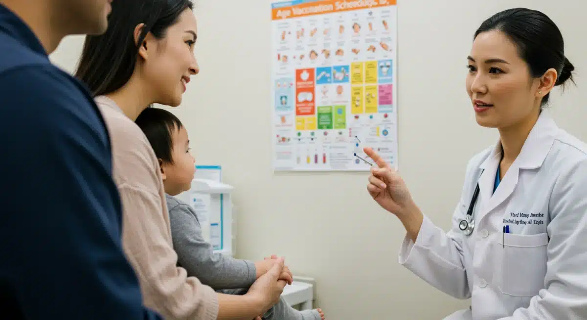 Parent and pediatrician discussing a pediatric vaccination schedule chart in a clinic.