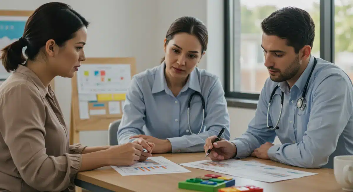 Parent and early intervention specialist discussing child progress.