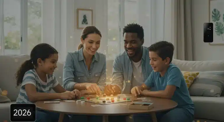 Diverse U.S. family playing board game, symbolizing mental well-being in 2026