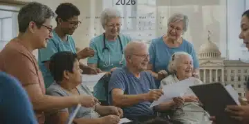 Diverse caregivers and individuals with special needs interacting positively, with 2026 calendar and federal building imagery.