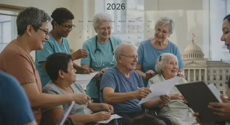 Diverse caregivers and individuals with special needs interacting positively, with 2026 calendar and federal building imagery.