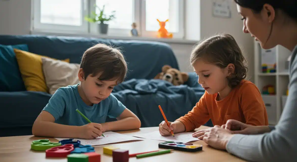 Child expressing emotions through art with parental support, aiding family mental health.