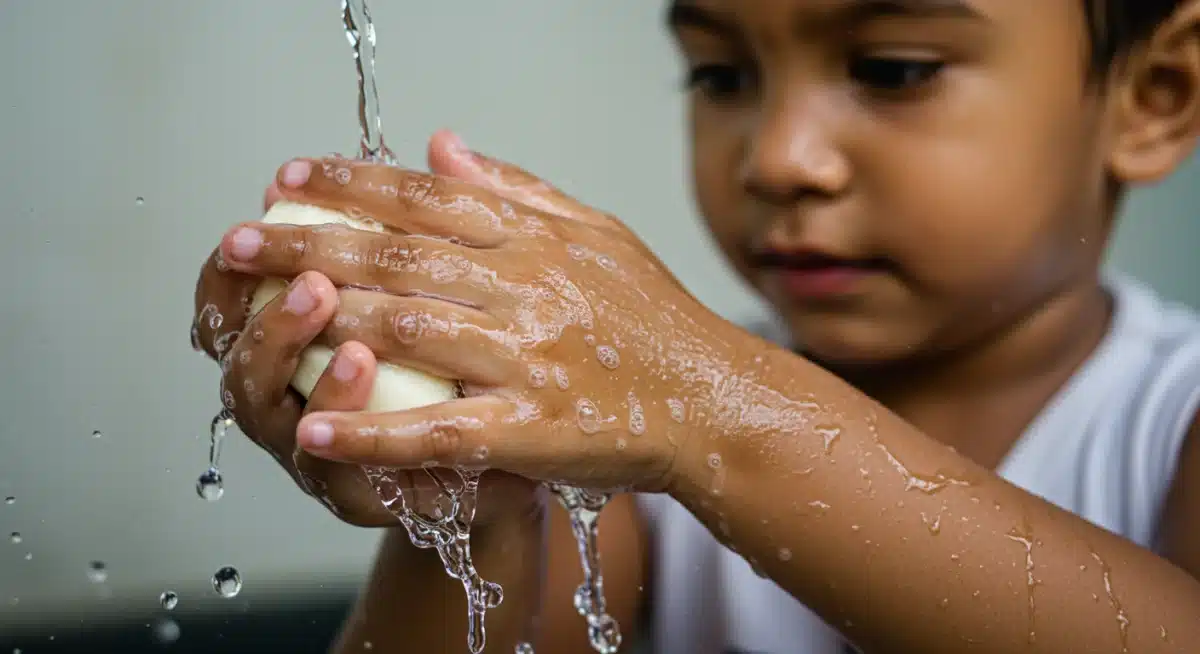 Child washing hands with soap and water for hygiene