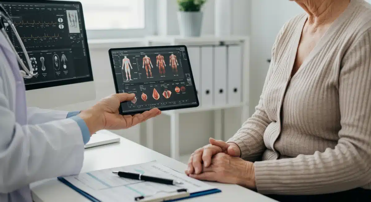 Doctor explaining health screening results to senior patient