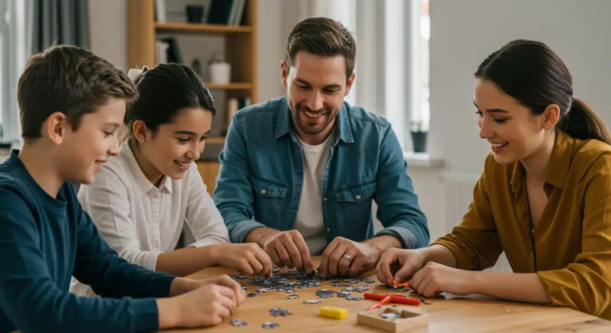 Family collaborating on a puzzle, demonstrating effective communication and problem-solving skills.