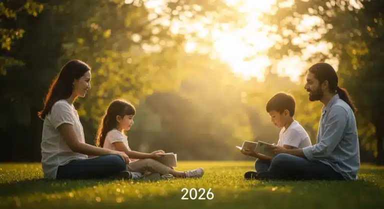 A diverse family practicing mindfulness, promoting family mental wellness in 2026.