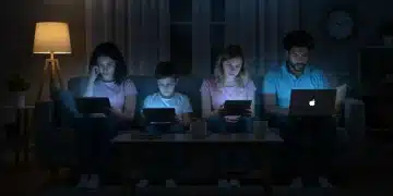 Family members absorbed in separate screens, illustrating screen time impact on family health.