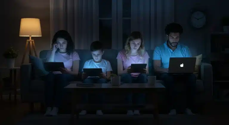 Family members absorbed in separate screens, illustrating screen time impact on family health.