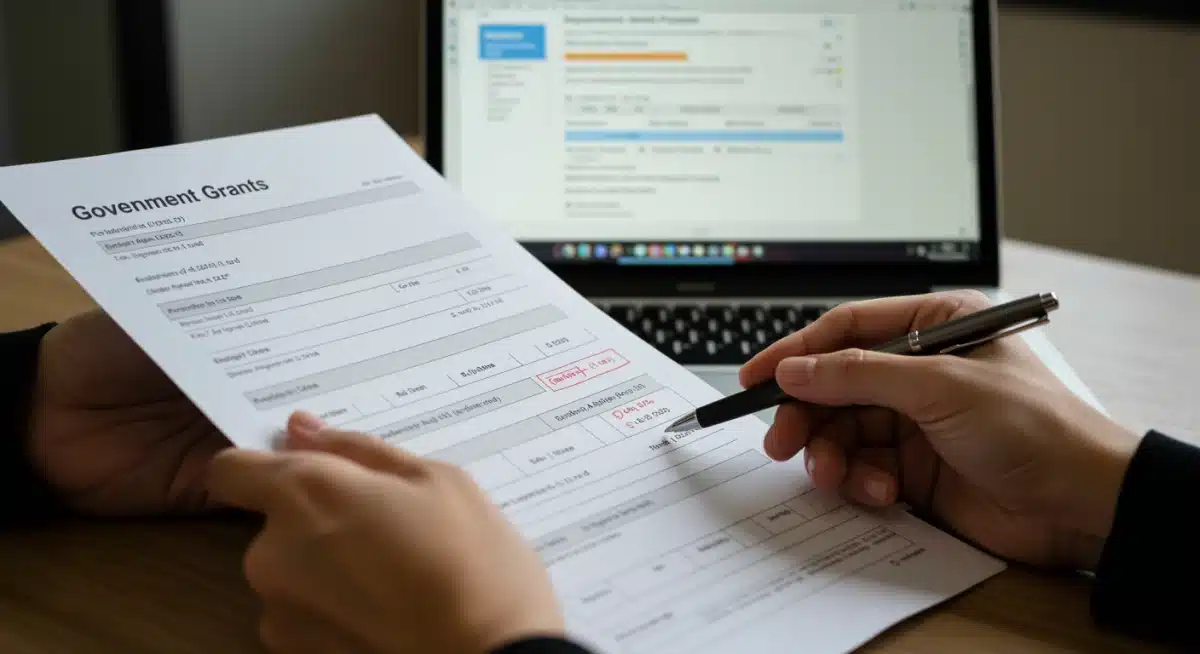 Hands reviewing a detailed grant application form with highlighted deadlines and budget, near a laptop displaying a grants portal.