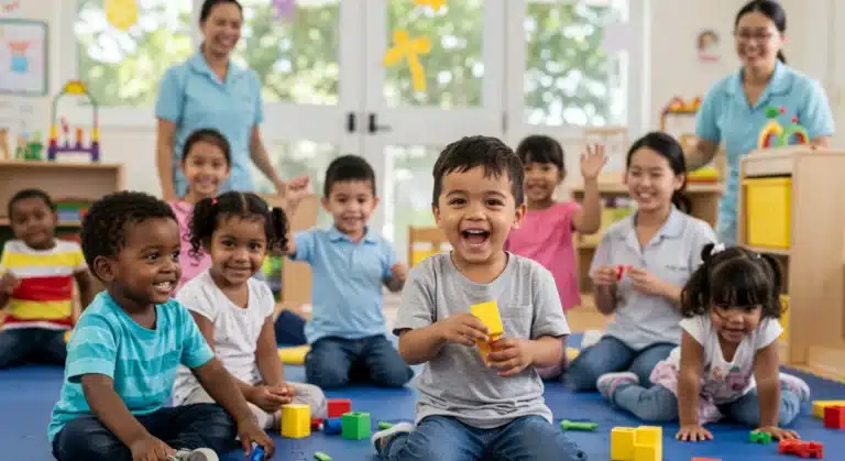 Children playing happily in a modern, safe, and stimulating childcare environment.
