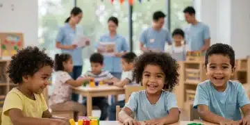 Children playing happily in a modern, safe childcare center with adult supervision.
