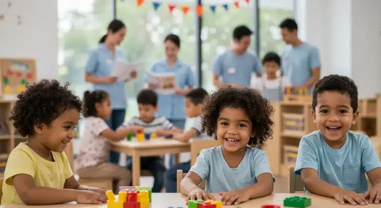 Children playing happily in a modern, safe childcare center with adult supervision.