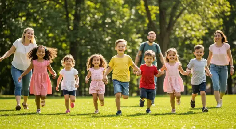 Happy children playing outdoors, symbolizing health and illness prevention