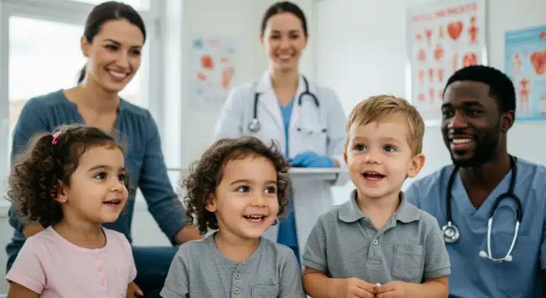 Happy family in doctor's office for vaccinations 2026
