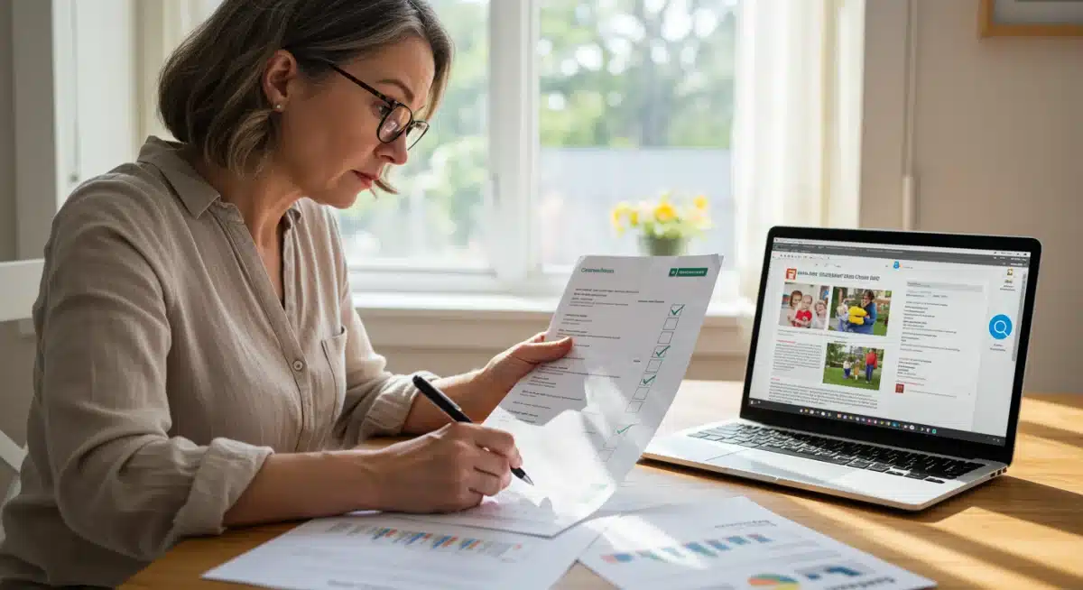 Parent researching and evaluating childcare options with a checklist and laptop.