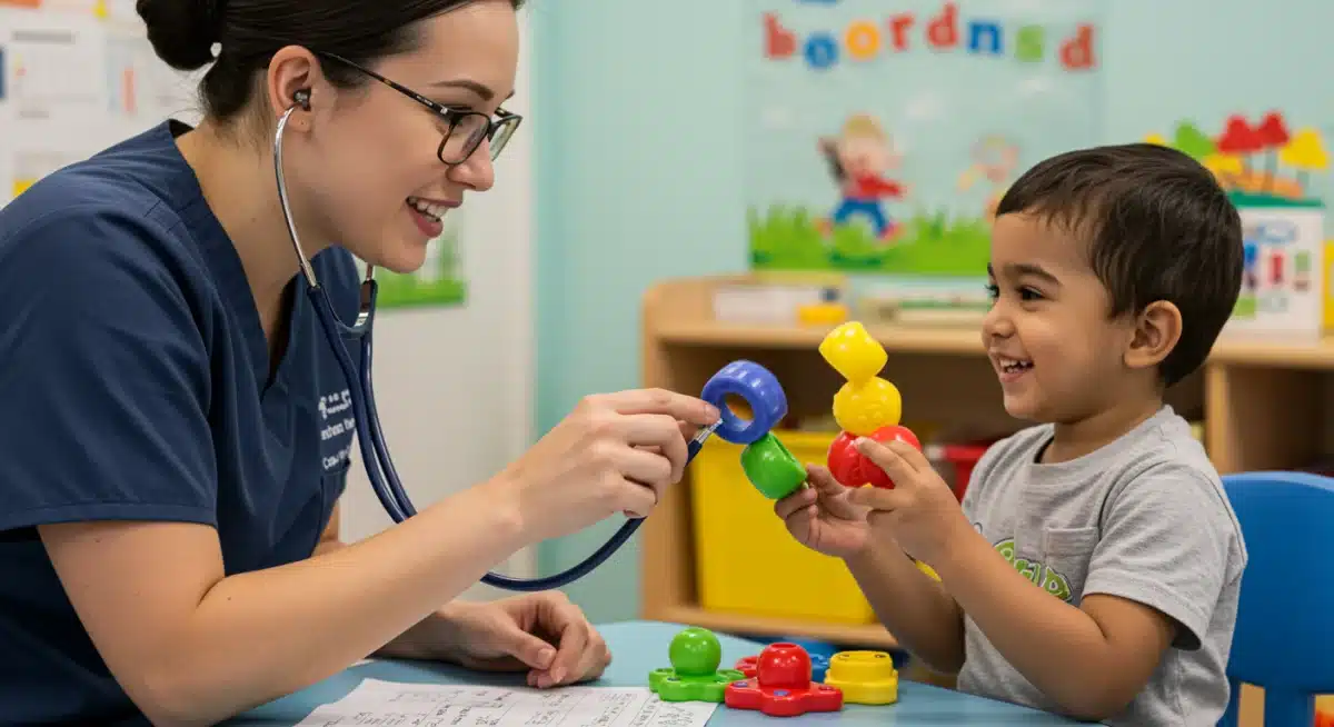 Pediatrician checking up on a smiling young child