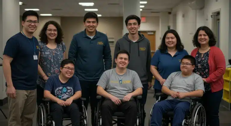 Group of young adults with special needs and caregivers planning their future