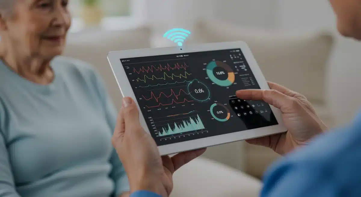 Caregiver using an AI-powered tablet to monitor elderly patient's vital signs and daily activities, showcasing remote care technology.
