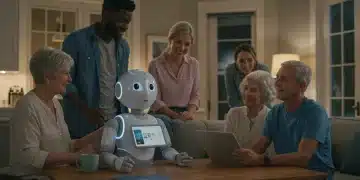 AI robot assisting a diverse US family with an elderly member in 2026 home setting, symbolizing advanced caregiving technology.