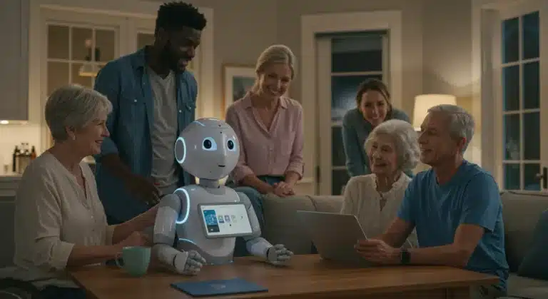 AI robot assisting a diverse US family with an elderly member in 2026 home setting, symbolizing advanced caregiving technology.