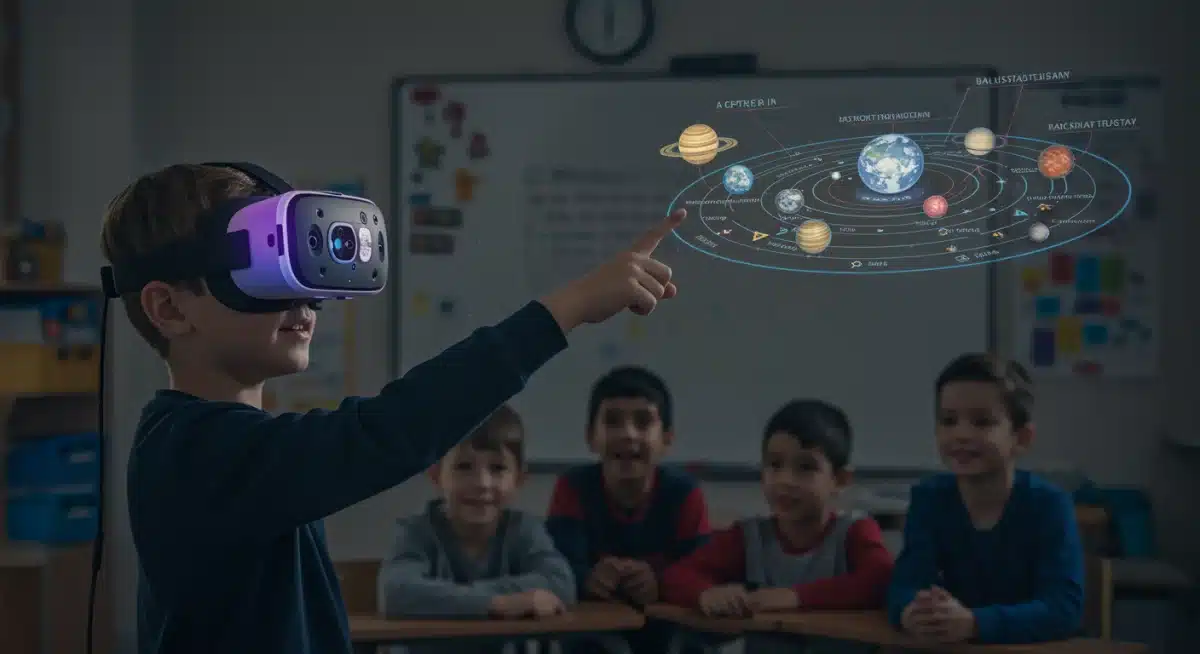 Child using augmented reality for interactive astronomy lesson in a 2026 classroom.