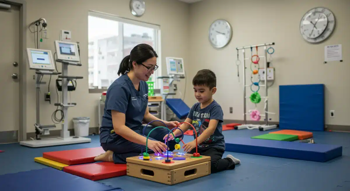 Child receiving center-based occupational therapy with a therapist
