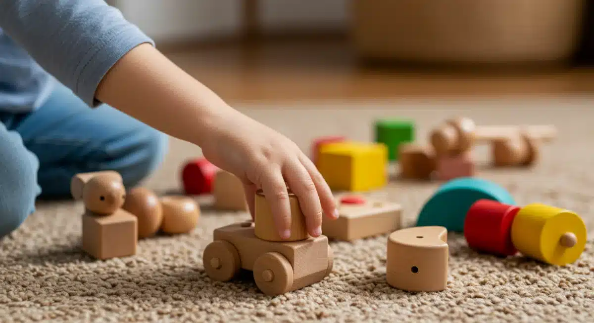 Child playing with natural wooden toys on a soft rug