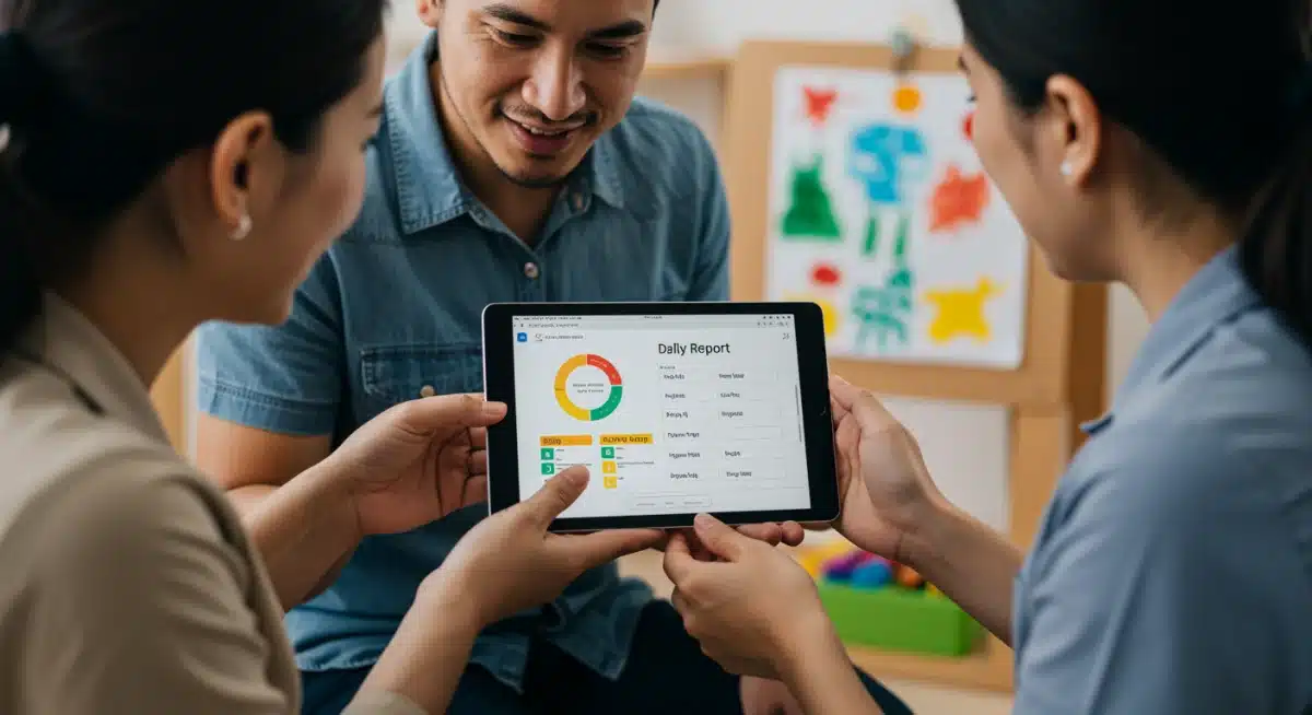 Parent and childcare provider reviewing daily report on tablet