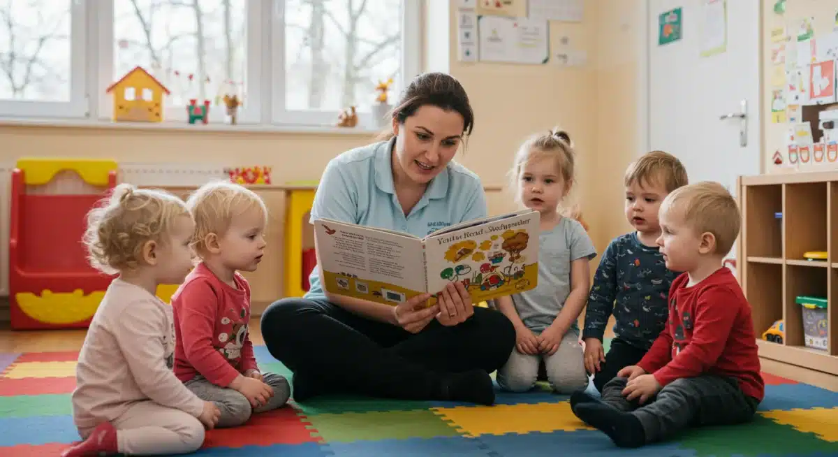 Childcare provider reading to toddlers in a playroom