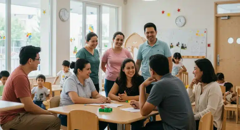 Parents and caregivers discussing in a modern childcare facility, children playing