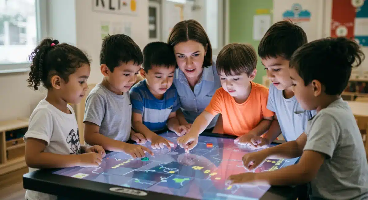 Children engaging in collaborative coding on an interactive table in a 2026 childcare center.