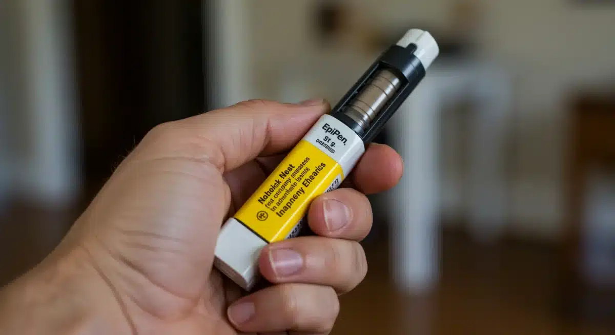 Adult hand holding an EpiPen, ready for emergency use.