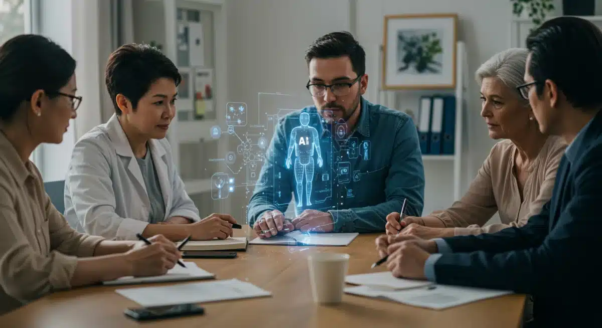 Diverse group discussing ethical implications of AI in caregiving, with a holographic AI interface, representing collaboration and thoughtful development.