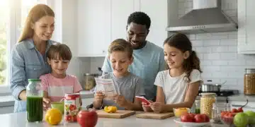 Family reading food labels in a kitchen, managing food allergies proactively.