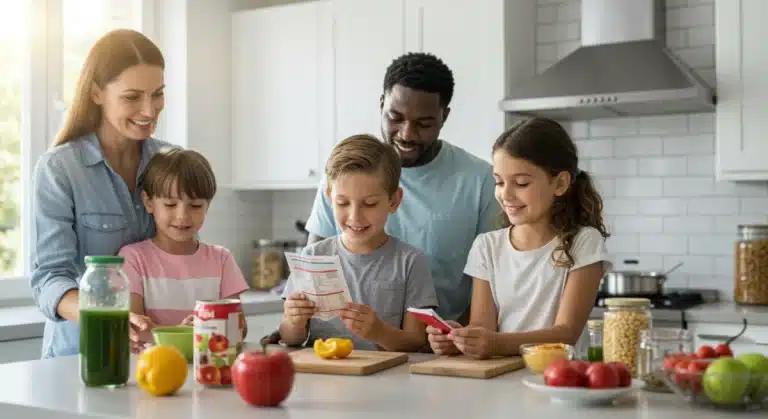 Family reading food labels in a kitchen, managing food allergies proactively.
