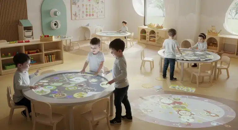 Children engaging with advanced educational technology in a modern childcare setting in 2026.
