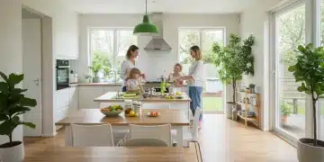 Family cooking in a bright, modern kitchen, symbolizing a healthy home environment