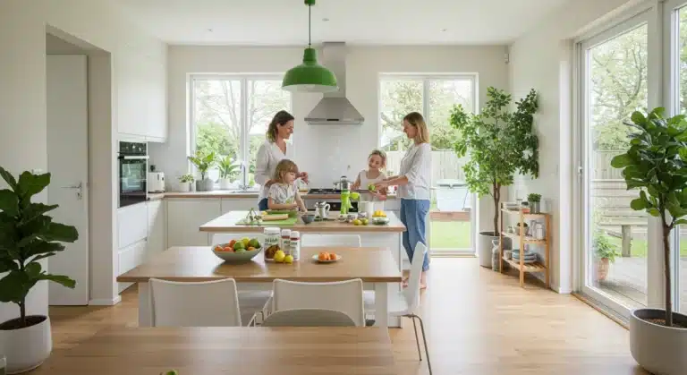 Family cooking in a bright, modern kitchen, symbolizing a healthy home environment