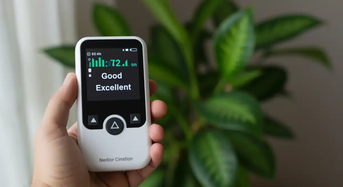 Air quality monitor showing good readings next to a houseplant