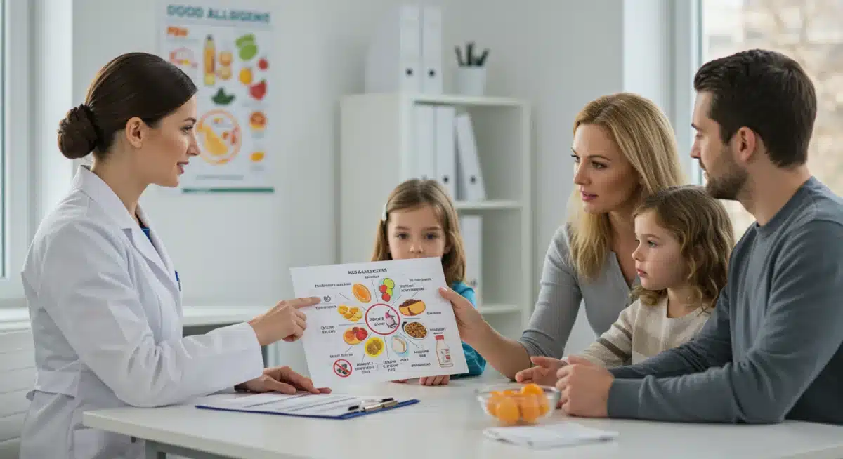 Nutritionist consulting family about food allergy management.