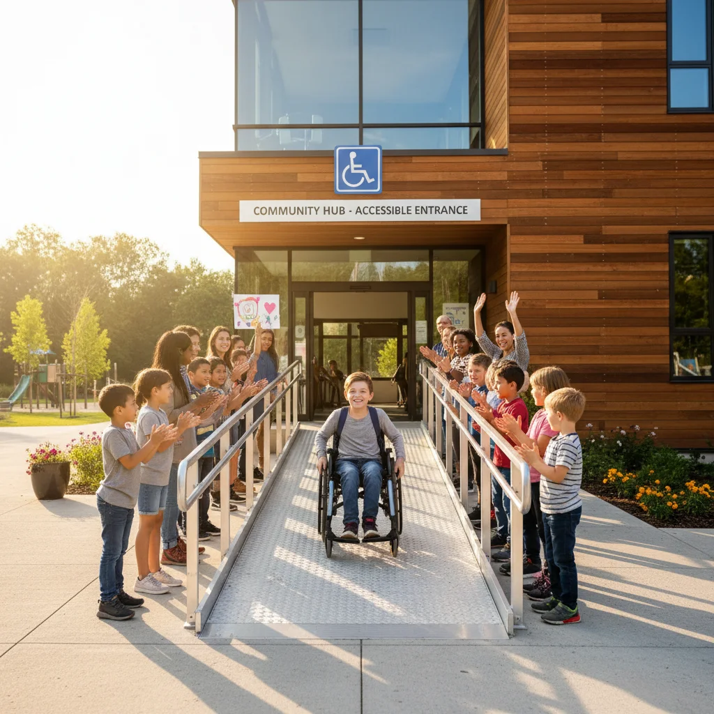 Accessible community center entrance for children with disabilities.