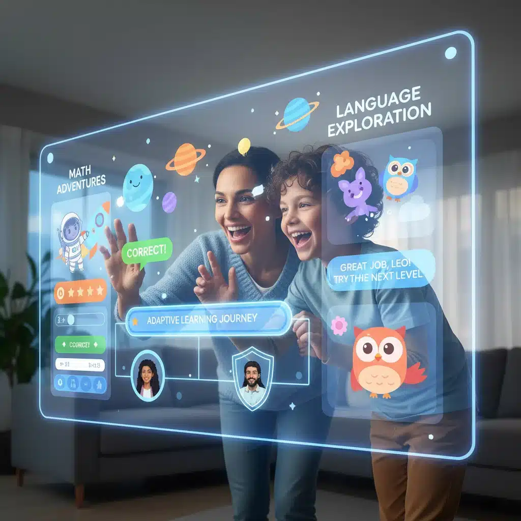 Parent and child benefiting from an AI-powered adaptive learning platform.