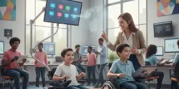 Children and adults with special needs engaging with advanced assistive technologies in an inclusive environment.