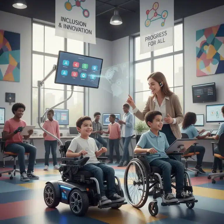 Children and adults with special needs engaging with advanced assistive technologies in an inclusive environment.