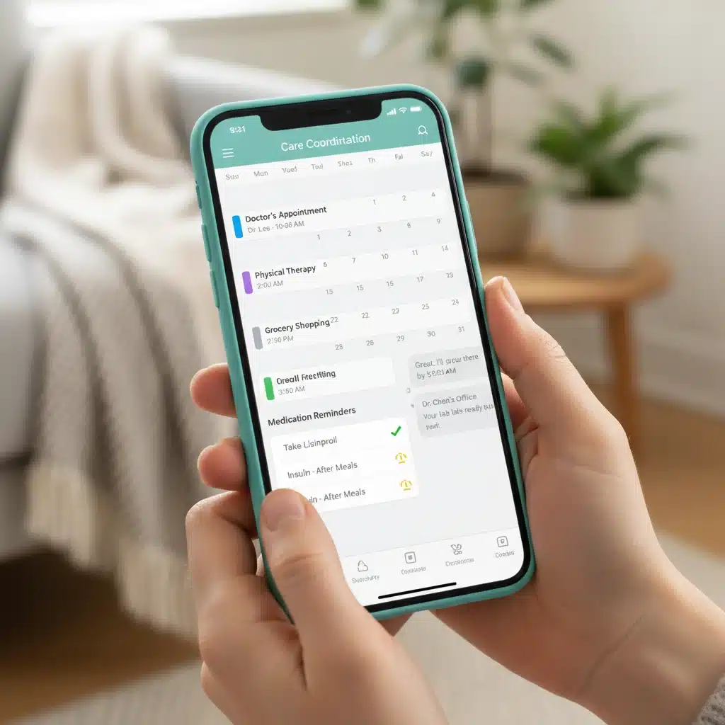 Smartphone displaying a comprehensive care coordination app with calendar and messaging.