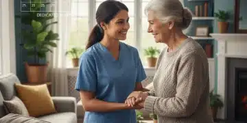 Caregiver assisting elderly person with a smile, symbolizing efficient care planning