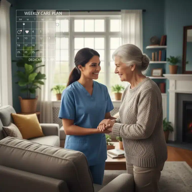 Caregiver assisting elderly person with a smile, symbolizing efficient care planning